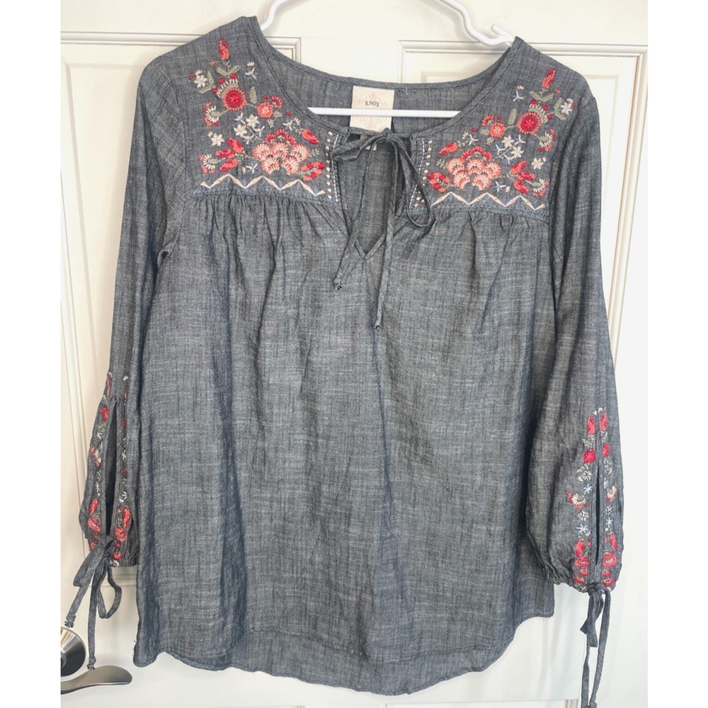 Knox Rose Women’s Peasant Embroidered Blouse Sz M Boho Floral 3/4 Sleeve Top